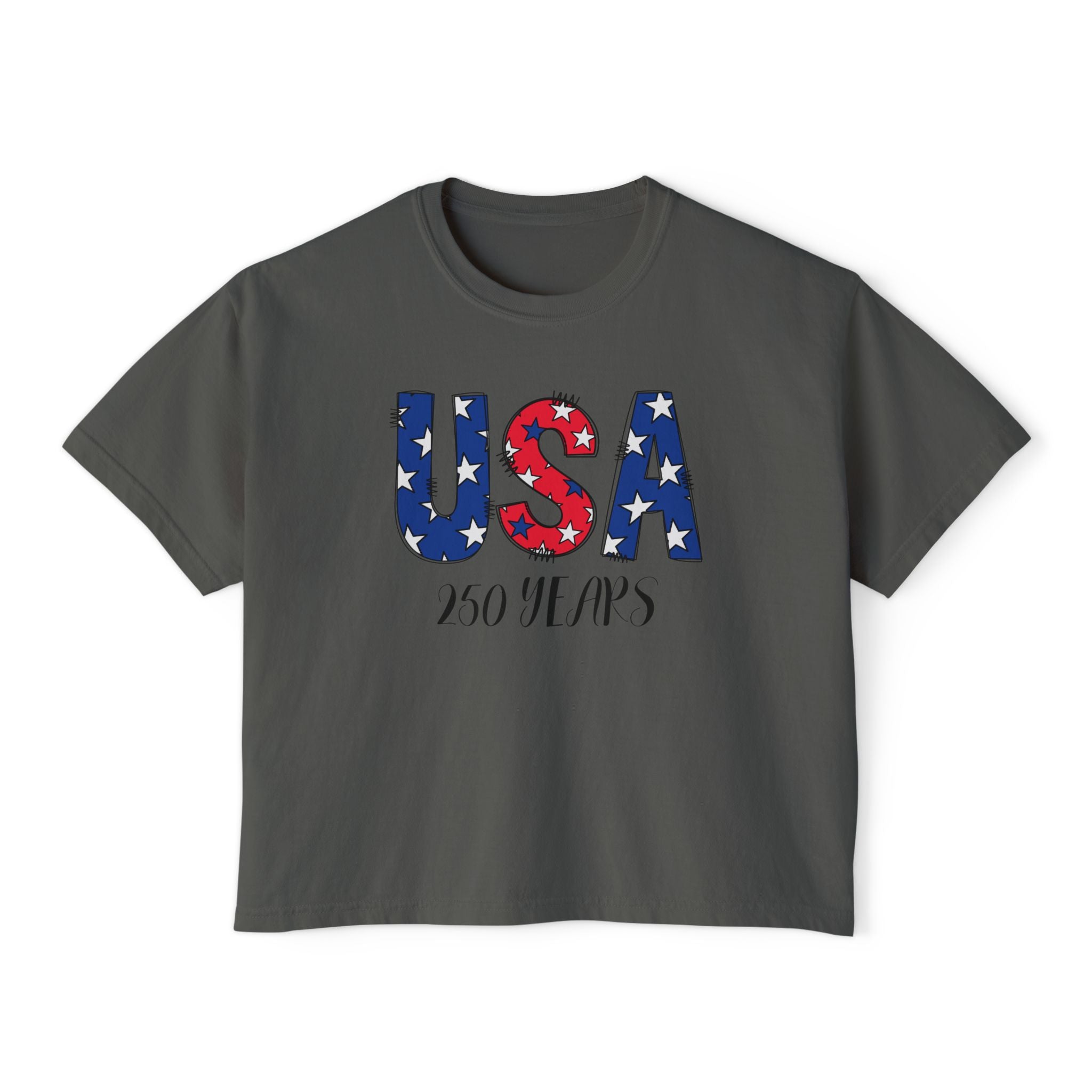 USA 250 Years Boxy Tee — Women's Patriotic Cropped T-Shirt