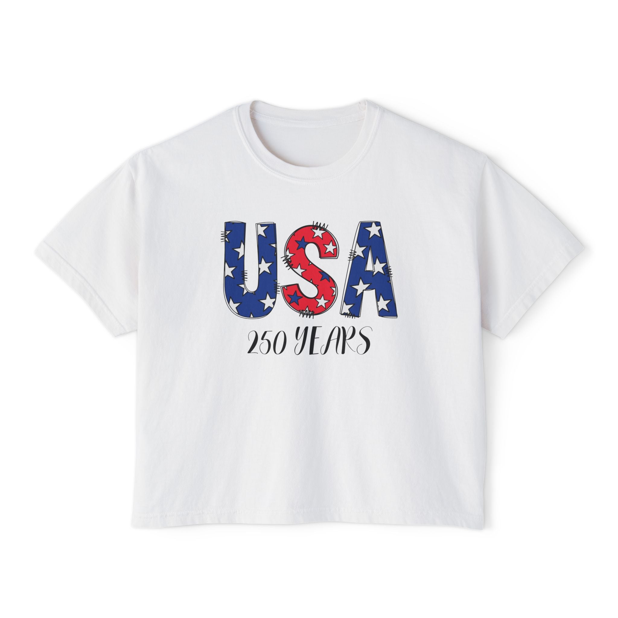 USA 250 Years Boxy Tee — Women's Patriotic Cropped T-Shirt