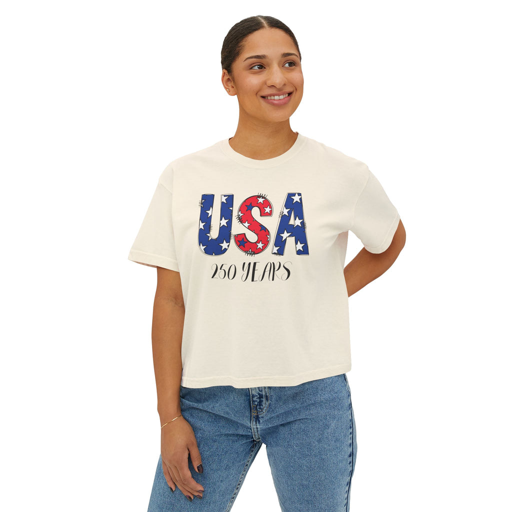 USA 250 Years Boxy Tee — Women's Patriotic Cropped T-Shirt