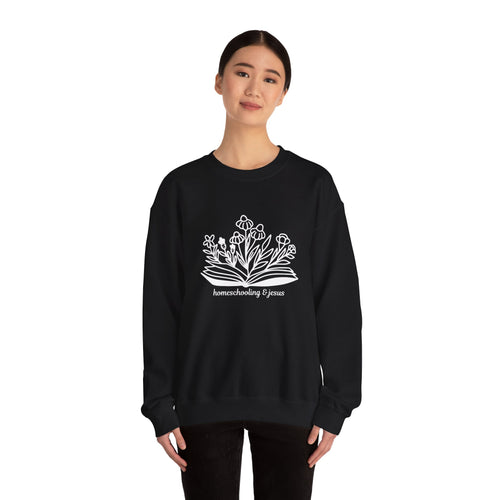 Crewneck Sweatshirt — 'homeschooling & Jesus' Floral Book Design