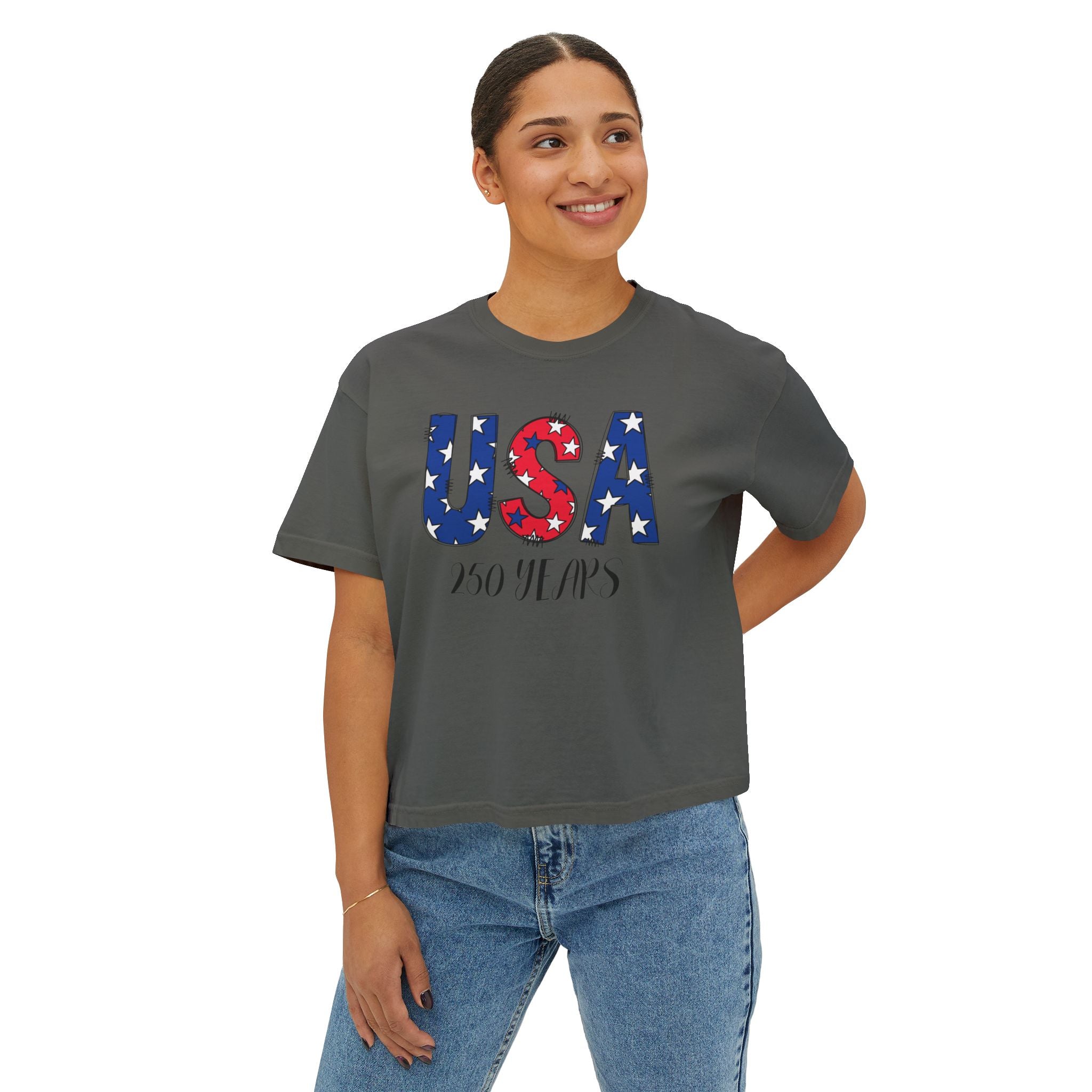 USA 250 Years Boxy Tee — Women's Patriotic Cropped T-Shirt