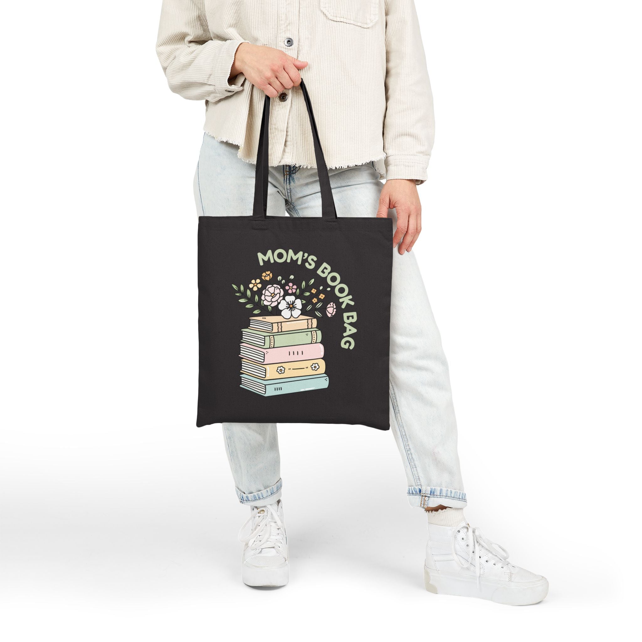 Tote — "Mom's Book Bag" Floral Stack Canvas Tote