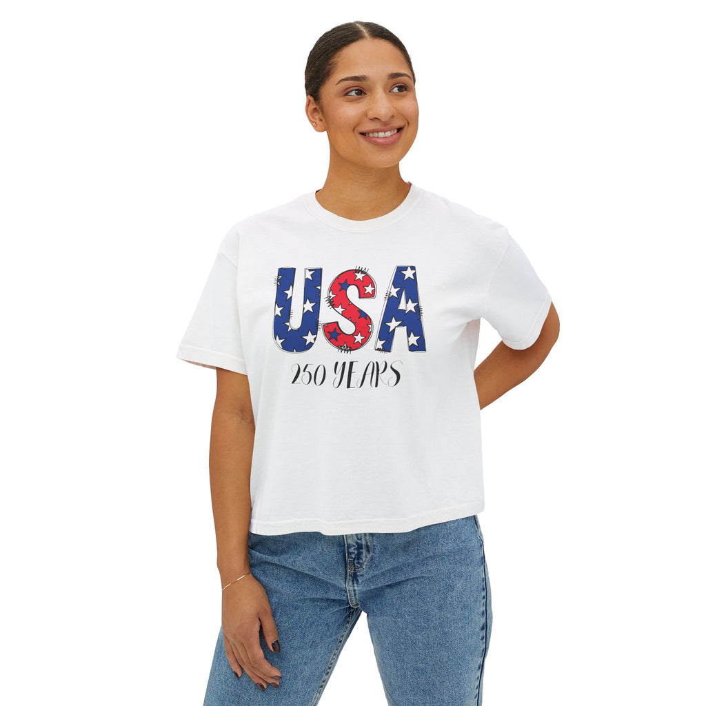USA 250 Years Boxy Tee — Women's Patriotic Cropped T-Shirt